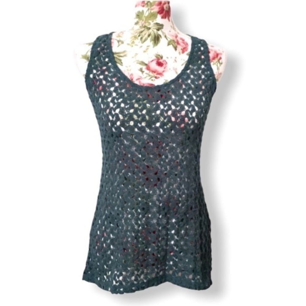 Teal Blue Open Crochet Tank Top Racerback Sheer